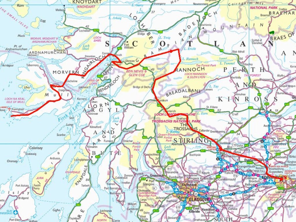 Map showing the Stevenson Way route from the west to east of Scotland